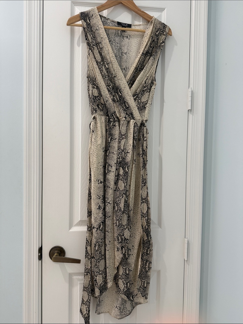 Beige & Black Snake-Print Wrap Midi Dress